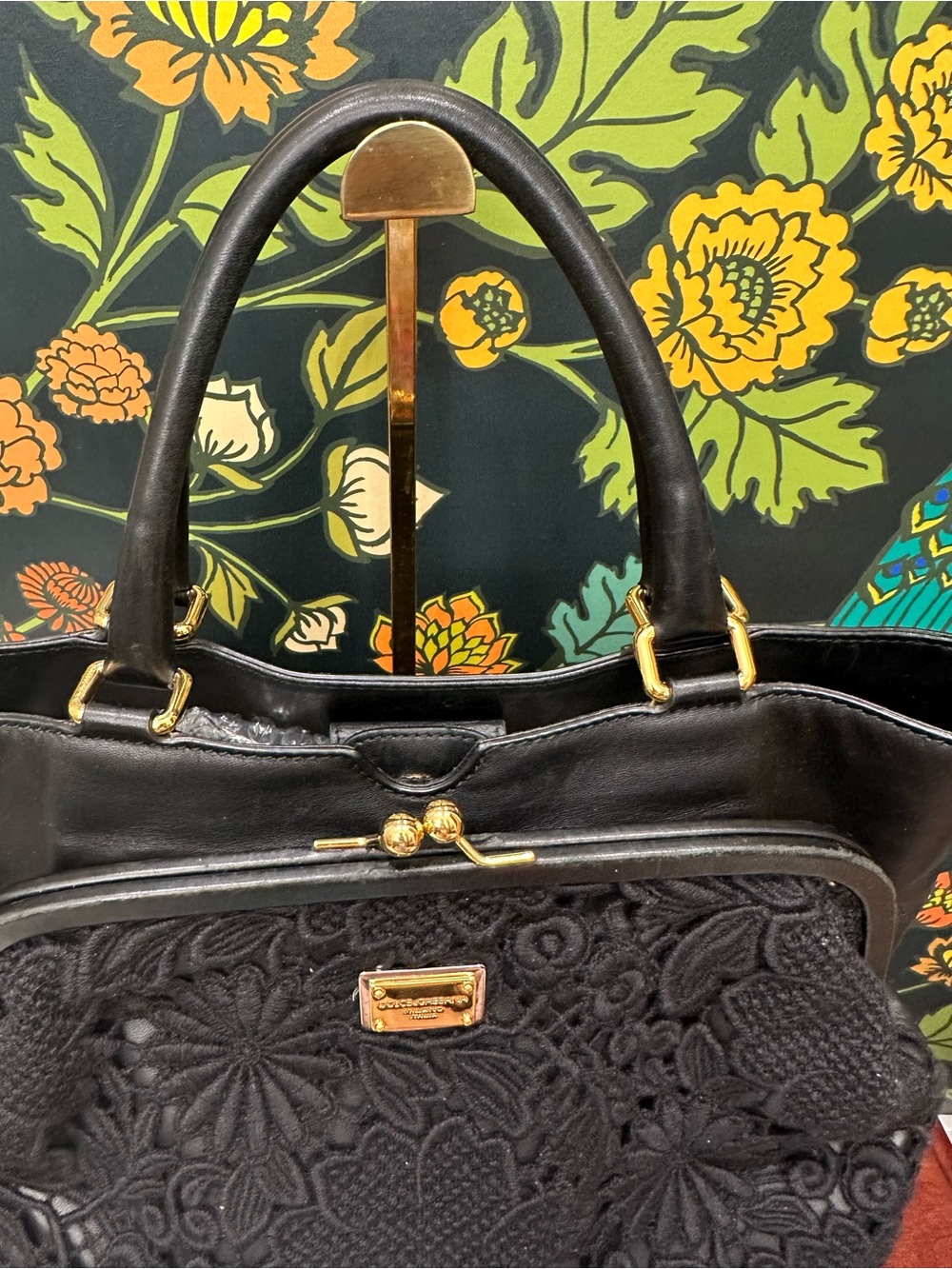Dolce & Gabbana Black Floral Lace Leather Satchel Leopard Lined | Italy with COA - Picture 8 of 15